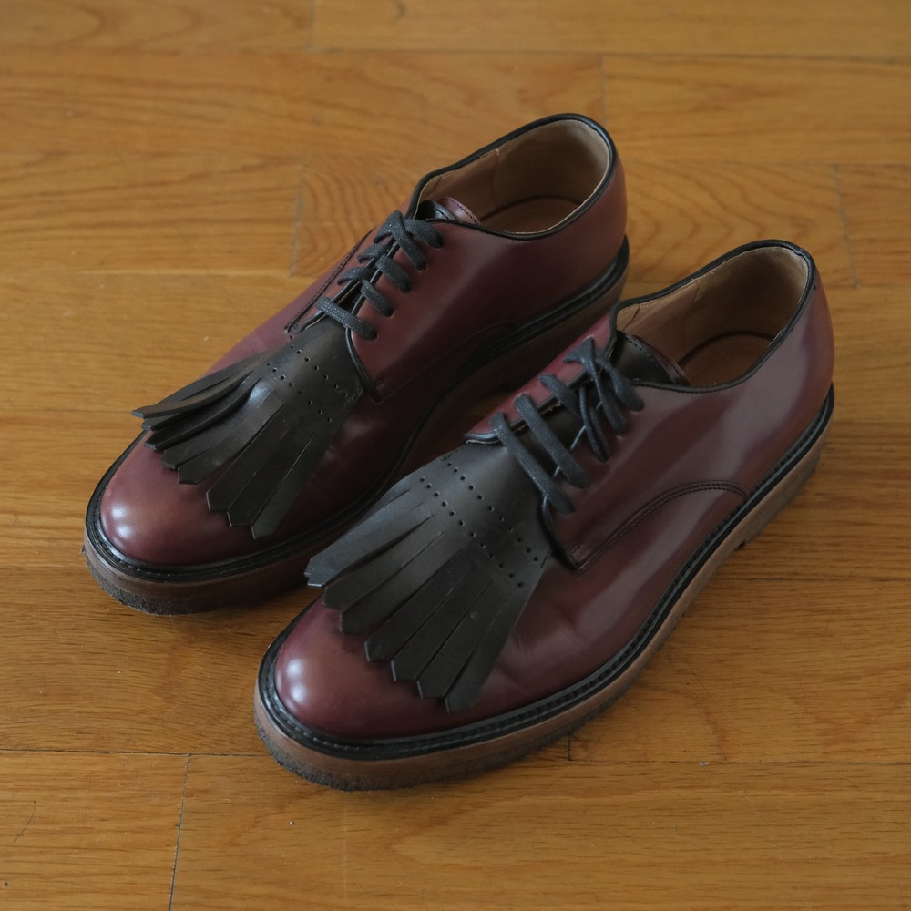 Dries Van Noten Derby Shoes Mens Burgundy Black Fringe Kiltie 39.5 Crepe Sole